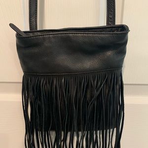 Black leather fringe crossbody purse